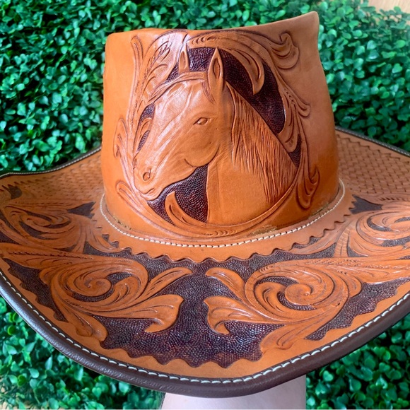 Vintage kids tooled leather rancher hat with horse & cattle portraiture